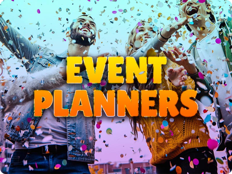 Event Planners text over background of people having a party