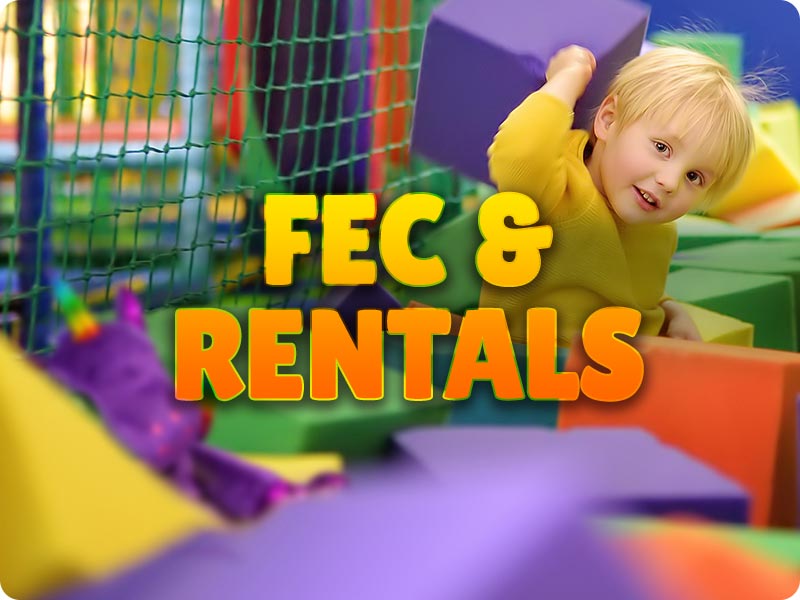 FEC & Rentals text over a kid playing in a bounce castle