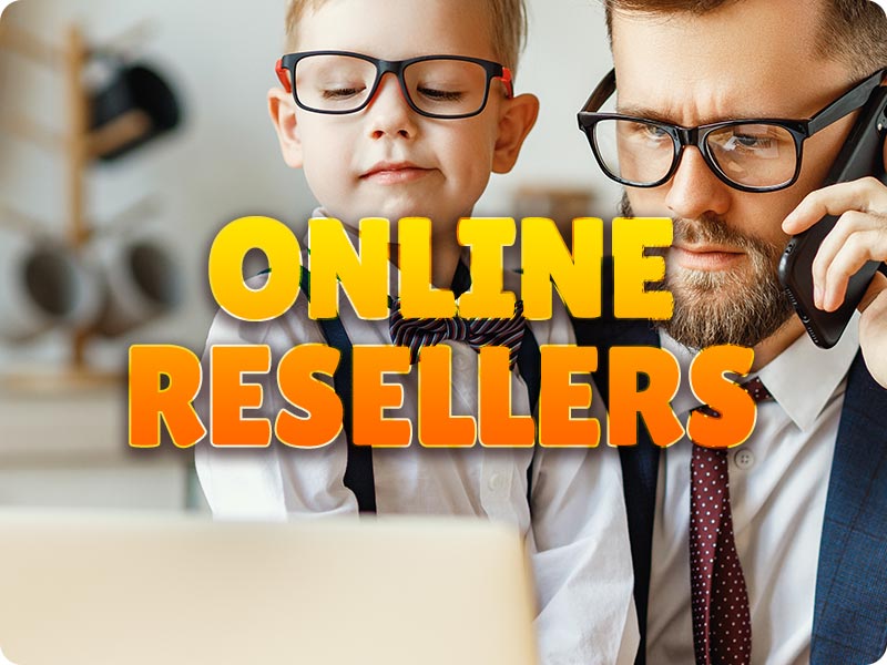Online Resellers text over a picture of a young adult with kid browsing laptop