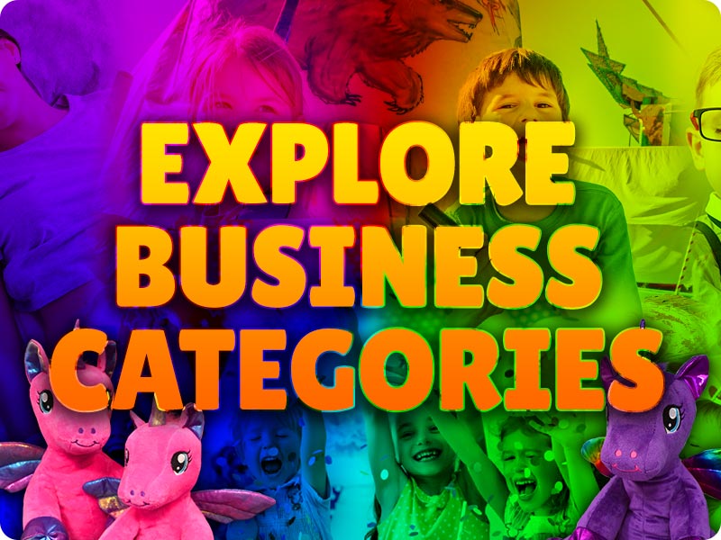 EXPLORE BUSINESS CATEGORIES text over a colorful image of various business verticals that Teddy Mountain supports, two plush toys sitting on the sides