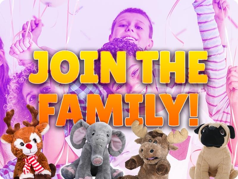 JOIN THE FAMILY! text over a picture of pre-teens having a party and plush toys in front of them