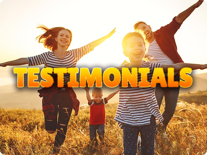 Testimonials text over a picture of young family running in the fields