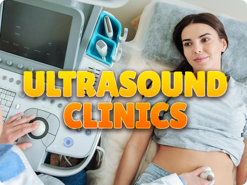 Ultrasound Clinics text over an image of woman getting an ultrasound scan of her baby