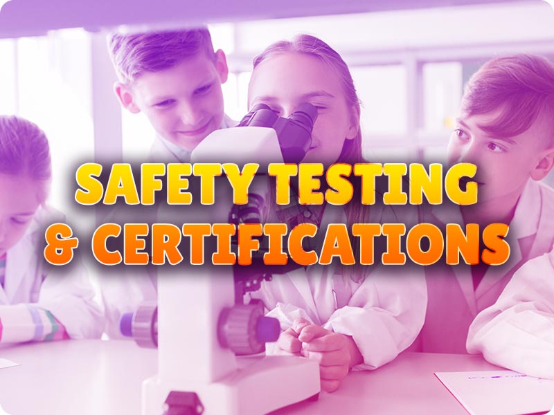 Safety testing and certifications text over a picture of children play pretending in the lab