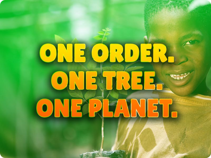 one order one tree one planet text over a picture with a young boy holding a tree sapling