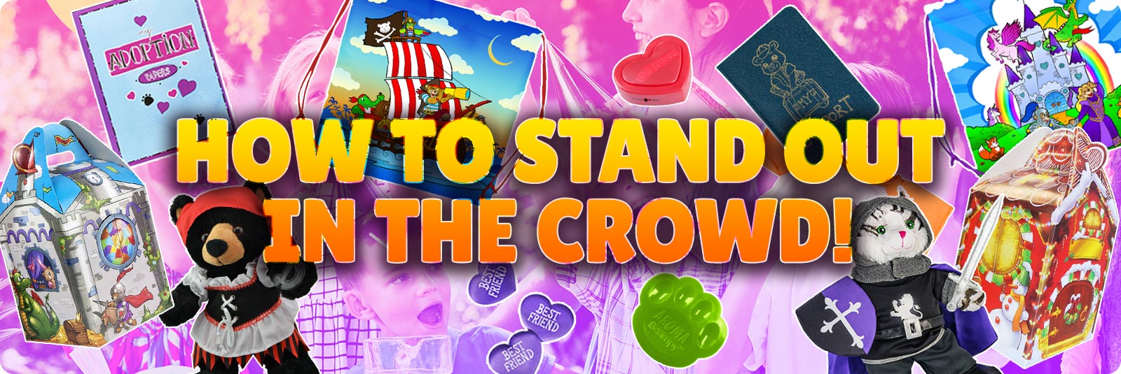 How to stand out in the crowd text over collection of Teddy Mountain products