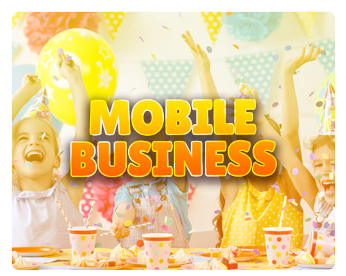 Mobile business text over background of children birthday party