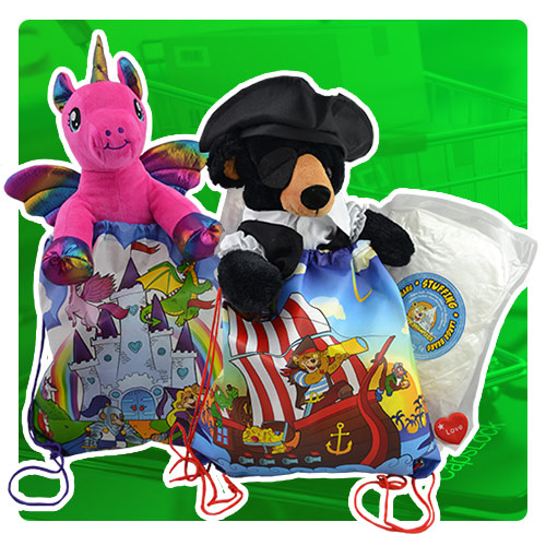 Plush Toy animals in drawstring bags and a vacuum packed fiber pack on green background