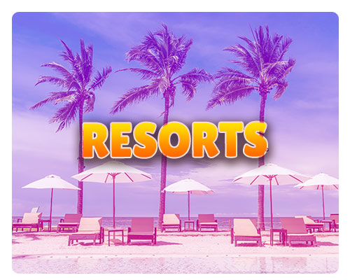 Resorts text over a background with beach resort
