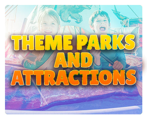 Theme Parks and Attractions text over a background of kids enjoying a park ride