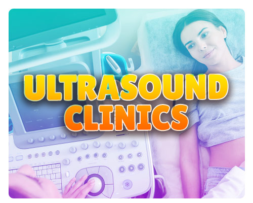 Ultrasound Clinics text over background of woman getting a sonography procedure