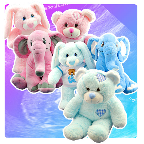Collection of blue and pink colored plush toys for gender reveals on a colorful background