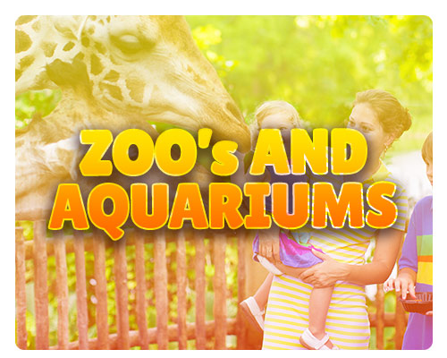 Zoo's and Aquariums text over a background of family visit to zoo