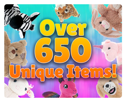 Over 650 Unique Items text over colorful background and selection of plush toys