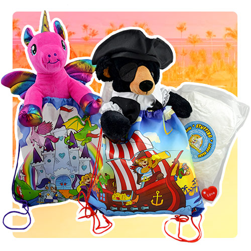 Pair of plush toys in drawstring bags over a pink background