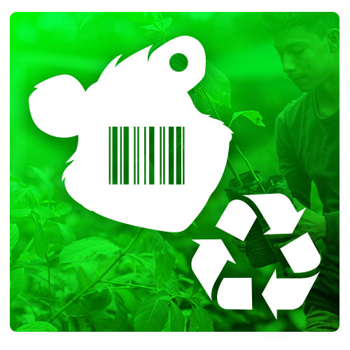 icon of a bear head with a barcode and recycle icon over green background