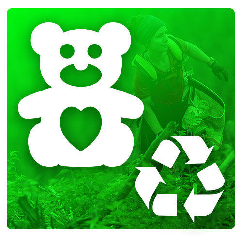 Icon of a bear with a heart and recycle icon over green background