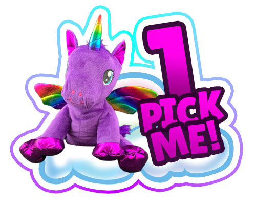 Purple Unicorn sitting on a cloud with a text 1 Pick Me! 