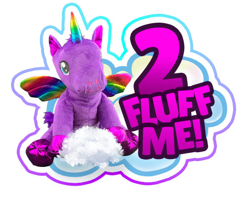 Purple Unicorn sitting on a cloud with a text 2 Fluff Me! 