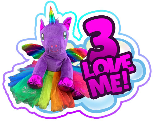 Purple Unicorn sitting on a cloud with a text 3 Love Me! 