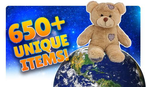 plush bear sitting on a planet, with a text 650+ Unique Items on the left