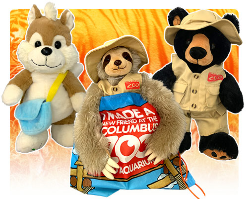 Sloth toy in a bag, squirrel plush and a black bear in safari outfit on orange background