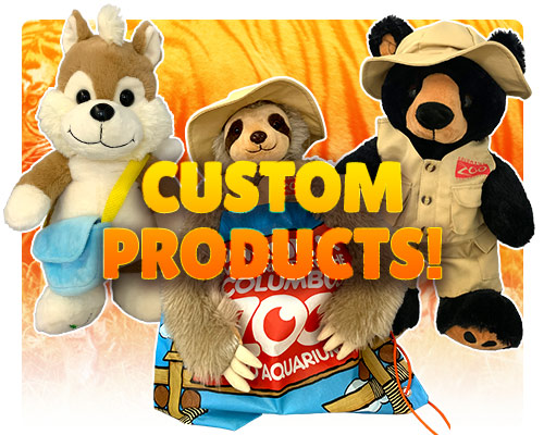 Custom Products Text over backdrop of custom teddy bear product samples