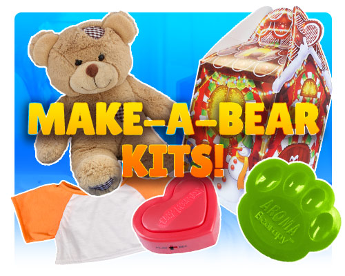 Make-a-Bear Kits text over background of kit components