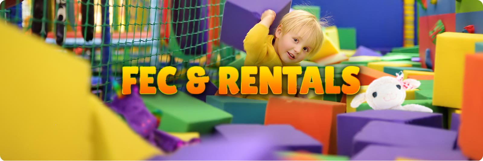 FEC & Rentals text over a kid playing in a bounce castle