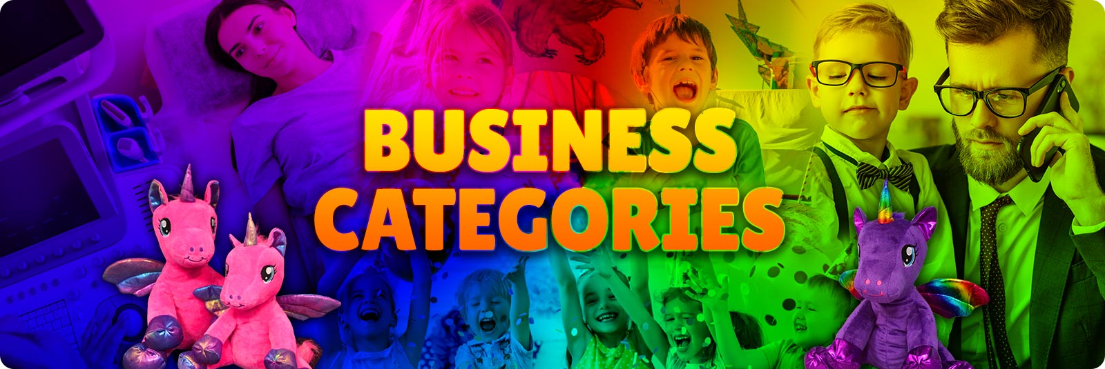 Business Categories text over a colorful, vibrant background of business verticals