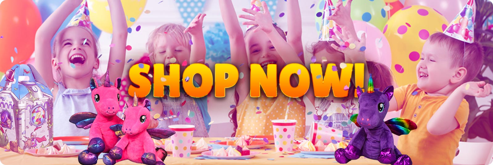 SHOP NOW! text over a picture with children having a birthday party with 2 unicorn plush toys sitting on the sides