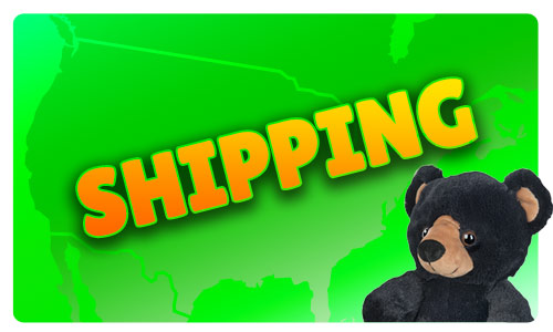 shipping text over a green background and a plush toy black bear