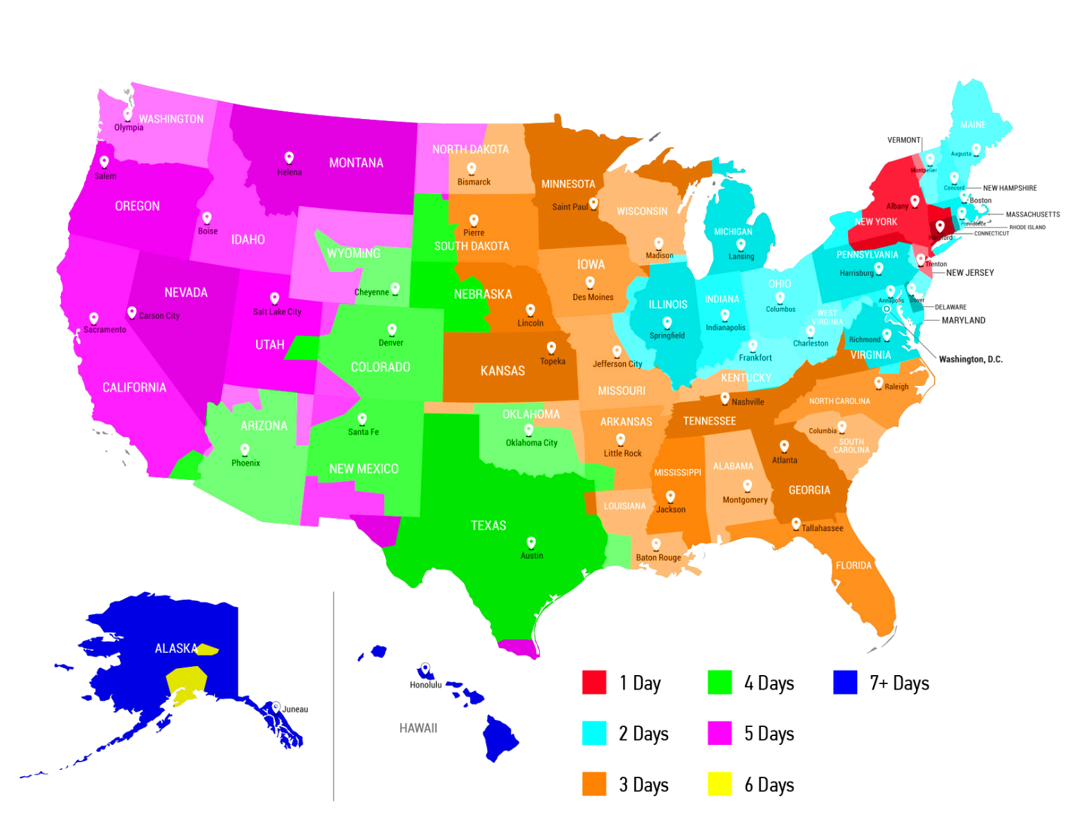 Map of the USA with FedEx delivery days