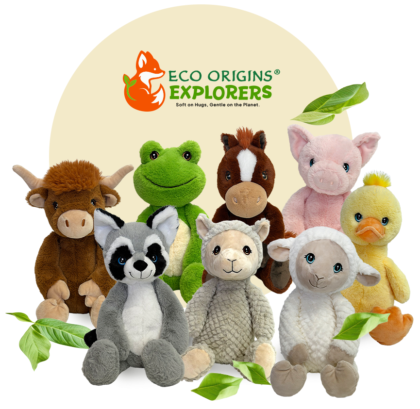 ECO-Origins Explorers plush animals including a highland cow, frog, horse, pig, duck, raccoon, lamb and sheep