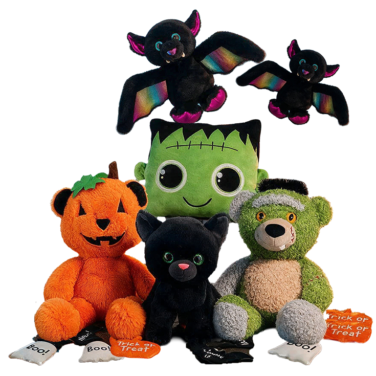 Halloween plush characters: pumpkin bear, black cat, Frankenstein bear and bats