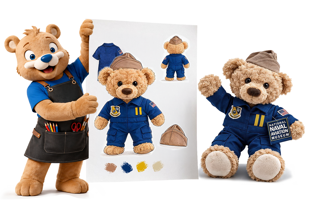 Custom Blue Angels-themed plush bear concept sketch and final product