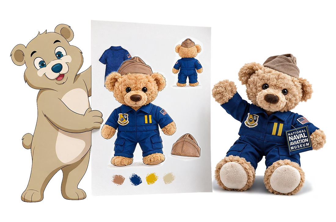 Custom Blue Angels-themed plush bear concept sketch and final product