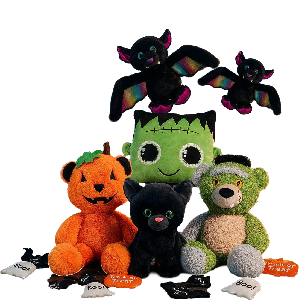 Halloween plush characters: pumpkin bear, black cat, Frankenstein bear, and bats