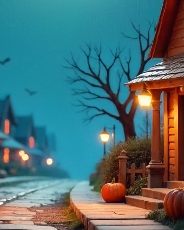 Halloween-themed street scene