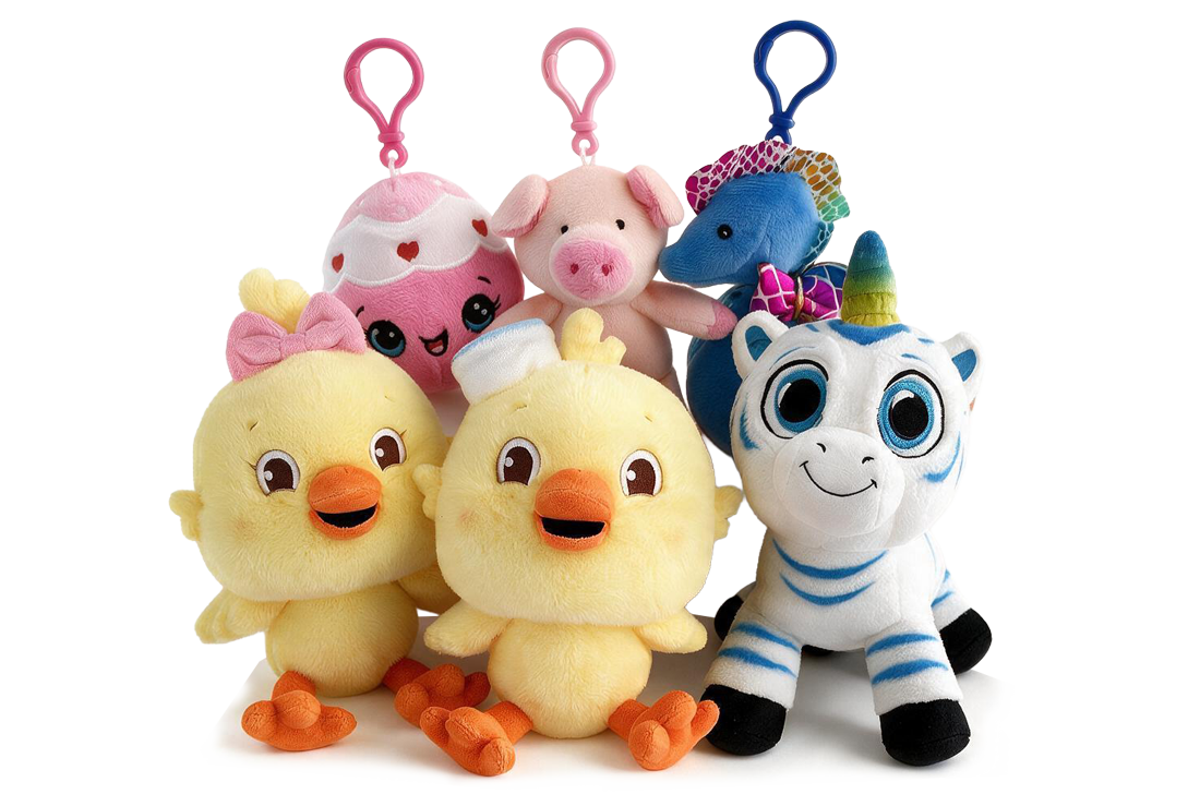 Retail-ready plush: keychains, chicks, and zebra character in a shop scene